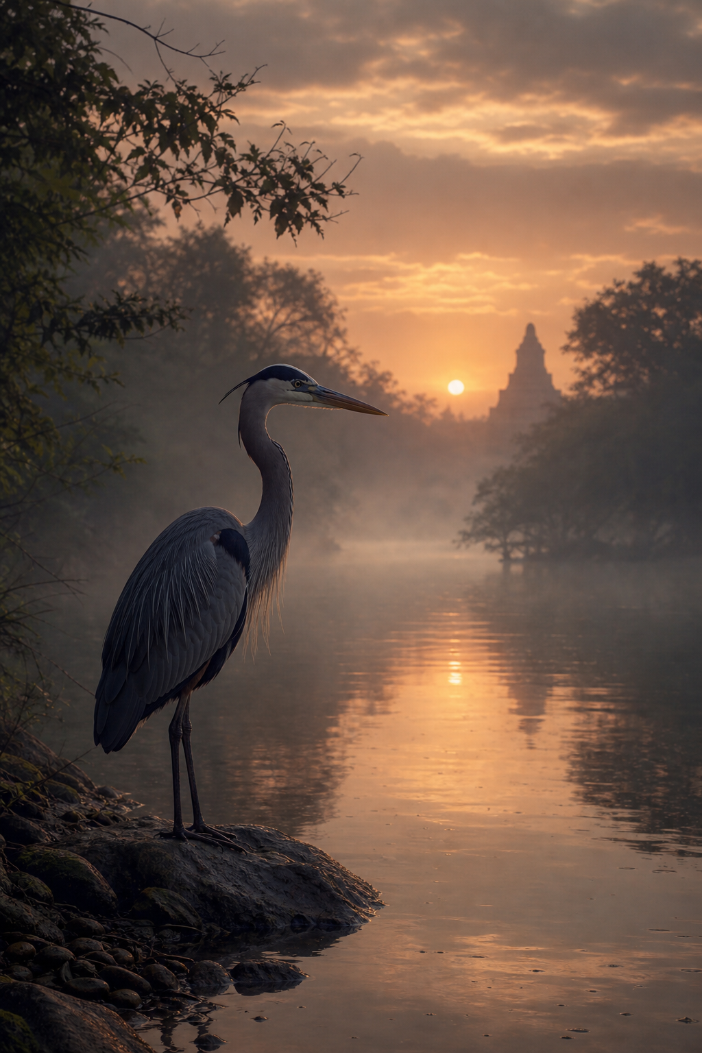 Airone sul fiume all'alba